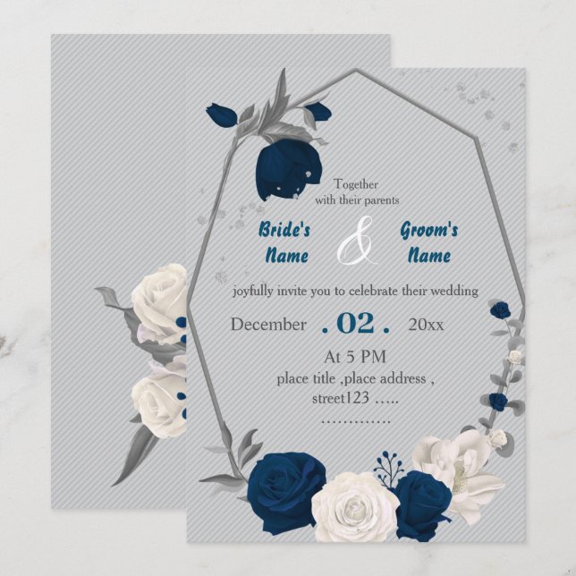 geometrische Hochzeit der Blume Blau und Weiß Einladung (Vorne/Hinten)