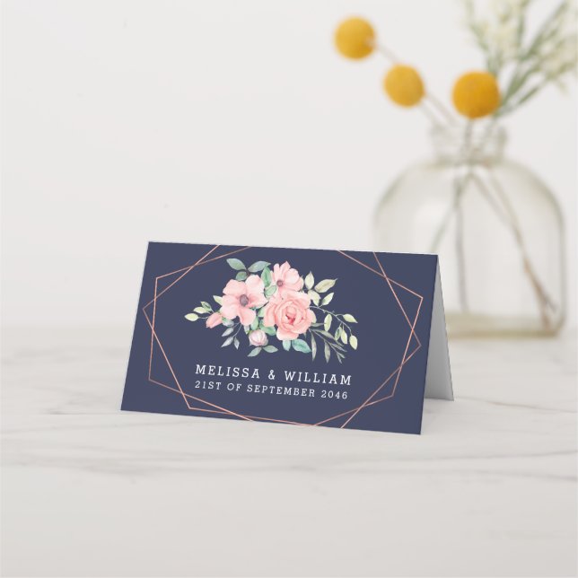 Geometrische Hochzeit der Wasserfarbe für Navy Blu Platzkarte (Rückseite)