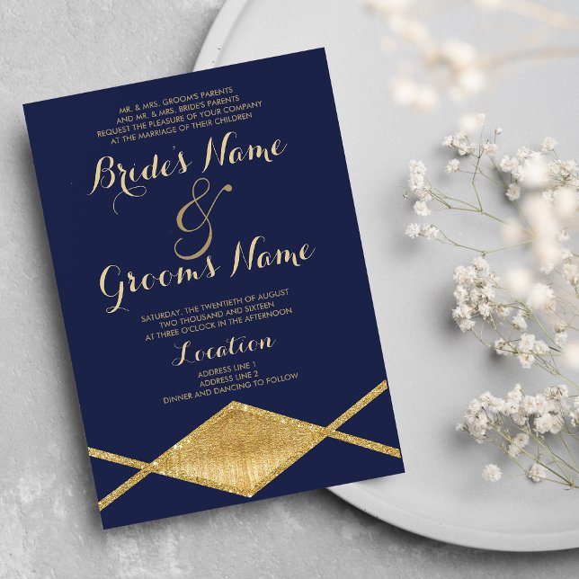 geometrische Hochzeit eines eleganten Glitzer aus  Einladung (Elegant navy blue gold glitter geometric Wedding)