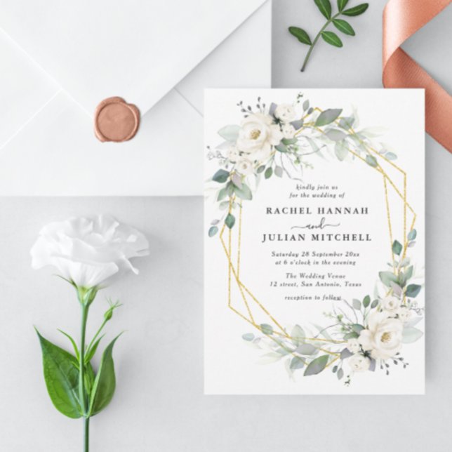 geometrische Hochzeit in Weiß und Gold Einladung (Von Creator hochgeladen)