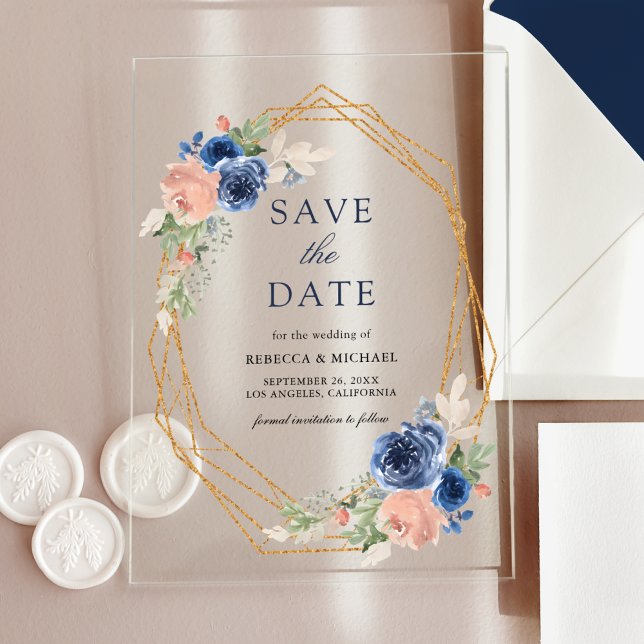 Geometrische Hochzeit mit rosafarbenem Navy-Rosa-B Acryleinladungen (Von Creator hochgeladen)