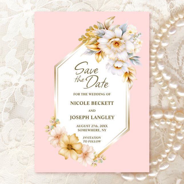 Geometrische Hochzeit mit weißem Blumenrosa speich Save The Date (Von Creator hochgeladen)