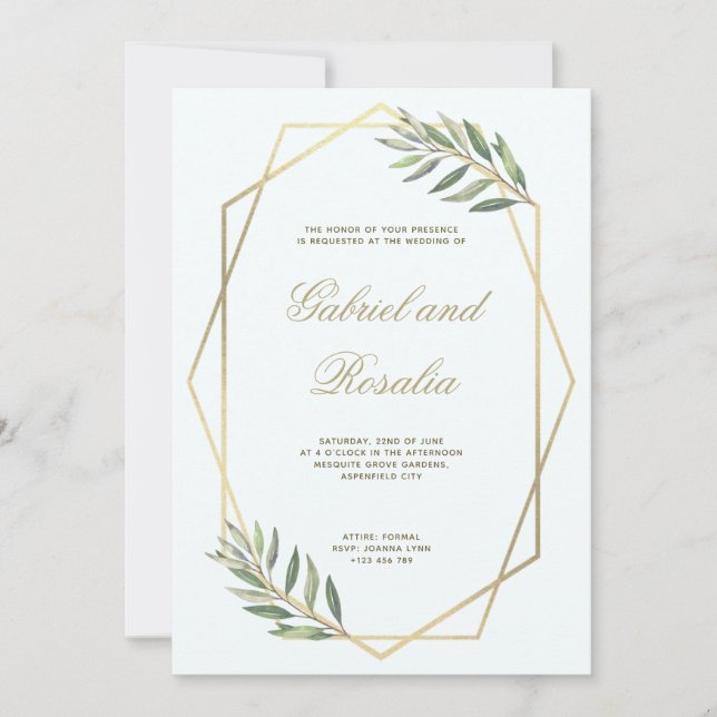 geometrische Hochzeit mit weißem und goldenem Rand Einladung (Vorderseite)