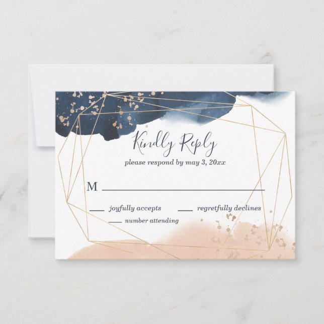 Geometrische Hochzeit RSVP in Marine, Gold und Ros (Vorderseite)