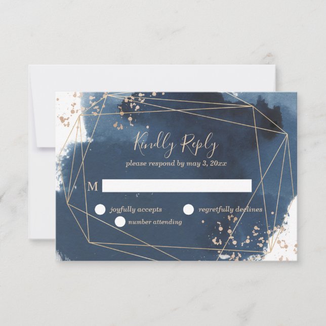 Geometrische Hochzeit RSVP in Marine und Gold (Vorderseite)