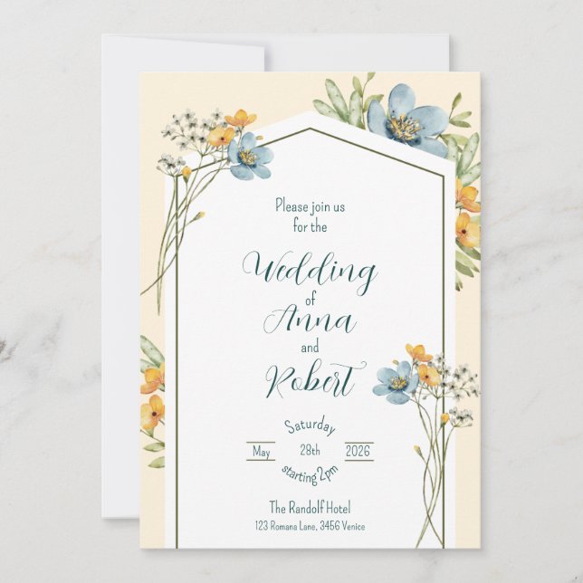 Geometrische Hochzeit von blauen und gelben Wildbl Einladung (Vorderseite)