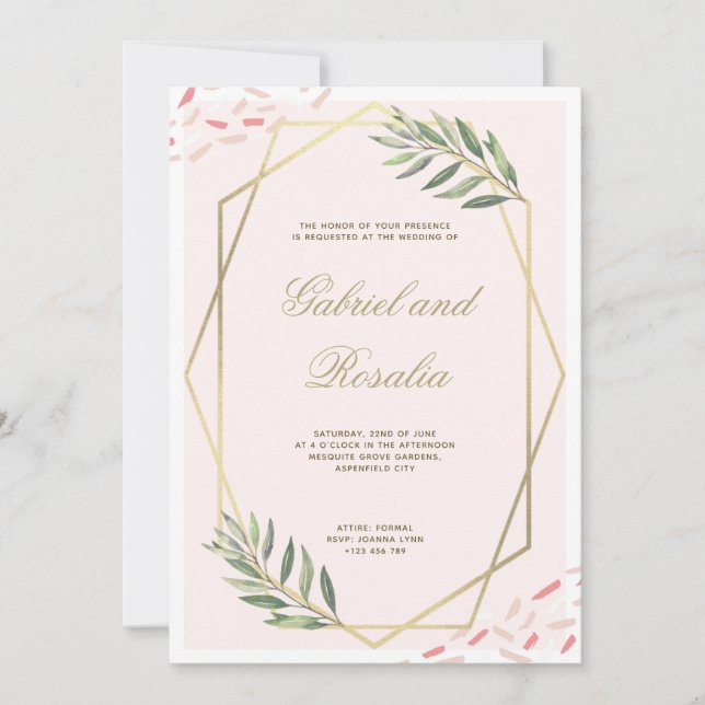 Geometrische Hochzeit von Blush Gold Floral Einladung (Vorderseite)