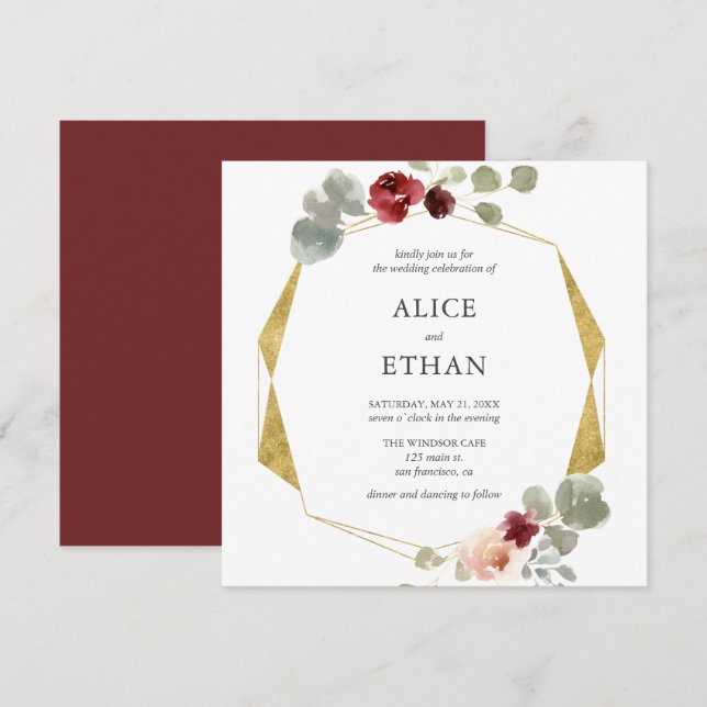 Geometrische Hochzeit von Burgund Blume und Grün Einladung (Vorne/Hinten)