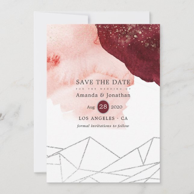 Geometrische Hochzeit von Burgund und Wasserfarbe Save The Date (Vorderseite)