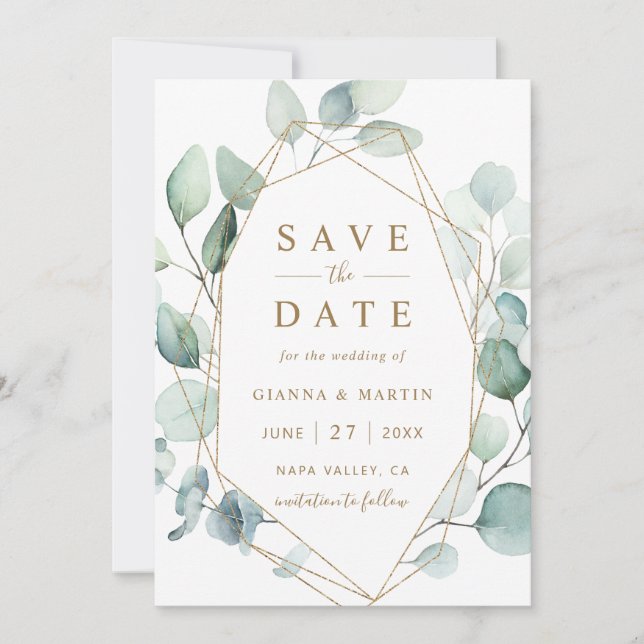 Geometrische Hochzeit von Gold Script Green Foliag Save The Date (Vorderseite)
