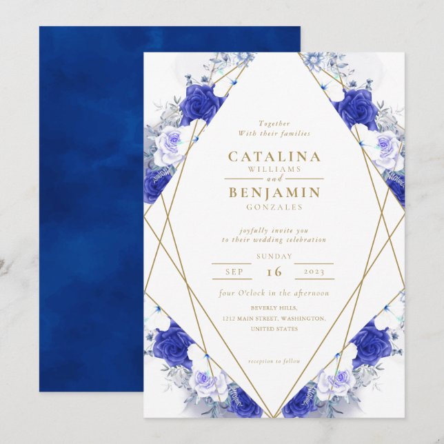 Geometrische Hochzeit von Navy Blue Lila Gold Lett Einladung (Vorne/Hinten)