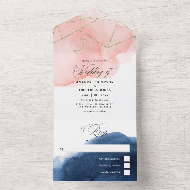 Geometrische Hochzeit von Navy und Blush All In One Einladung (Innen Boden)