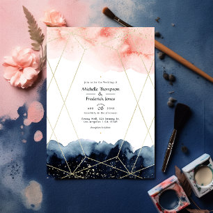 Geometrische Hochzeit von Navy und Blush Watercolo Einladung