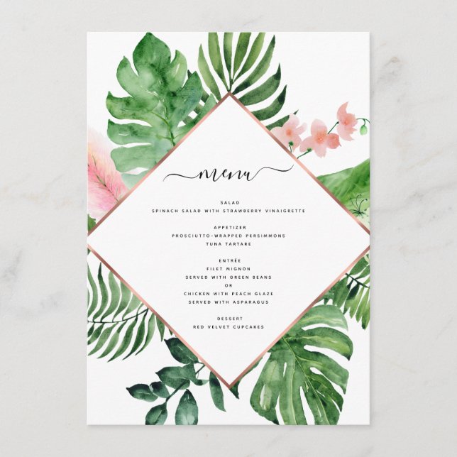Geometrische Hochzeit von tropischen Palmen Menükarte (Vorderseite)