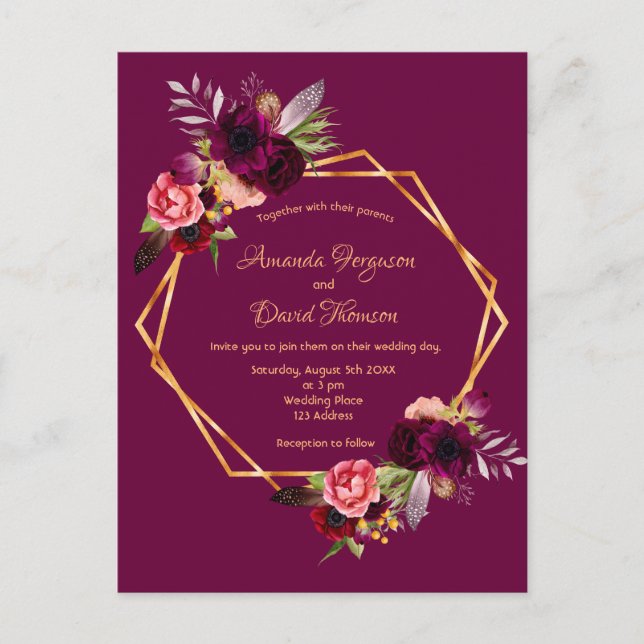 geometrische Hochzeitseinladung Bordeaux Postkarte (Vorderseite)