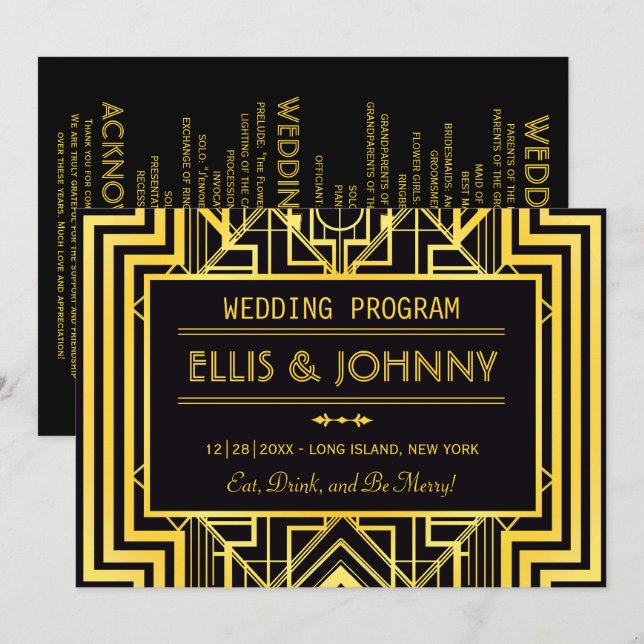 Geometrische Hochzeitsprogramme für Schwarz und Go Einladung (Vorne/Hinten)