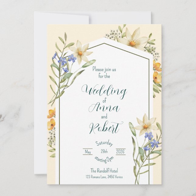 Geometrische Hochzeitsskala der Wildblumen Weiß un Einladung (Vorderseite)