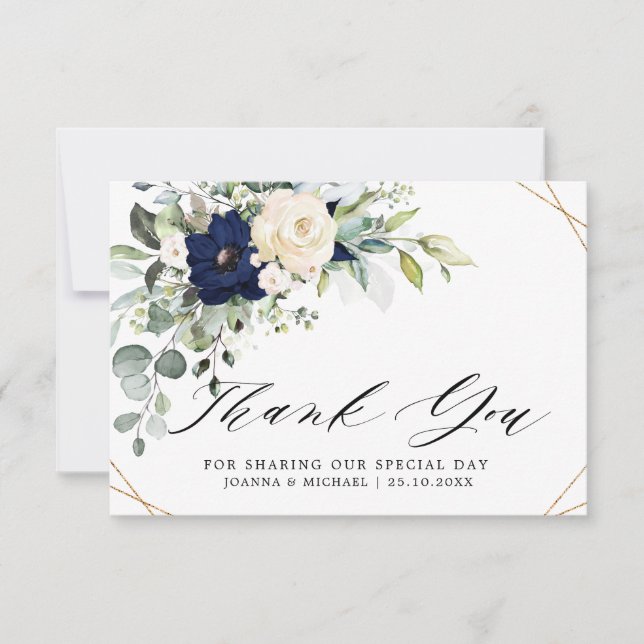 Geometrische Hochzeitsstimmung im Navy Blush Flora Dankeskarte (Vorderseite)