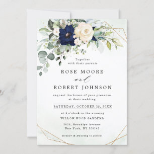 Geometrische Hochzeitsstimmung im Navy Blush Flora Einladung
