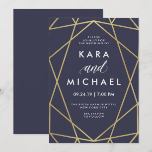Geometrische Imitate Gold auf Midnight Blue Weddin Einladung