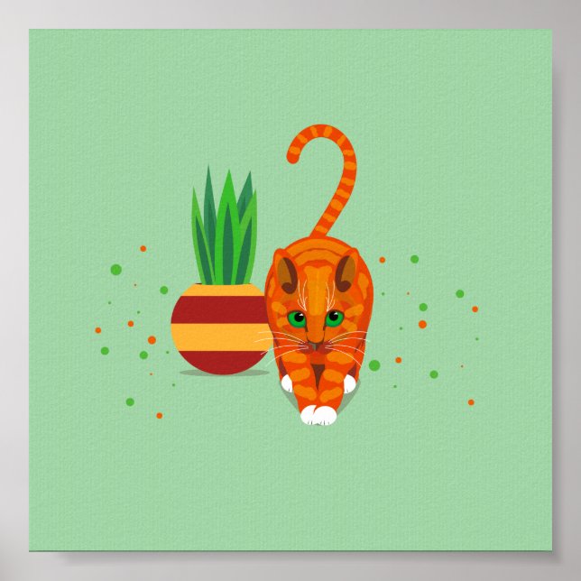 Geometrische Ingwer-Katze, die an einem Potposten  Poster (Vorne)