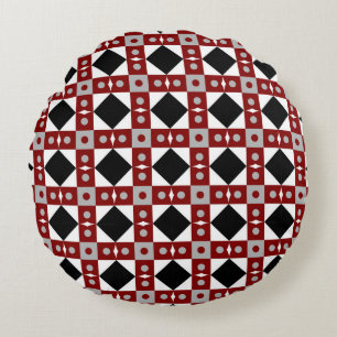 Geometrische Kachel in Rot, Schwarz und Weiß Rundes Kissen