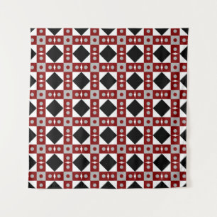 Geometrische Kachel in Rot, Schwarz und Weiß Wandteppich