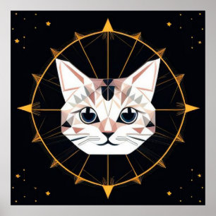 Geometrische Katzenkunst mit goldenen Sternen für Poster