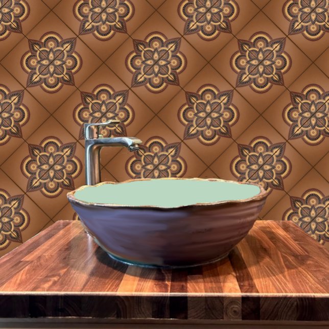 Geometrische Keramik mit Terrakotta-Optik Fliese (Terracotta tile shown in a rustic bathroom.)
