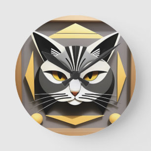 Geometrische Kunst einer stilisierten Katzenabstra Runde Wanduhr