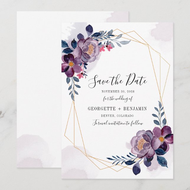 Geometrische Lila Blumenschrift Botanische Hochzei Save The Date (Vorne/Hinten)
