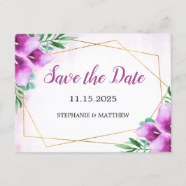 Geometrische Lila Calla Lily Wedding speichern das Ankündigungspostkarte