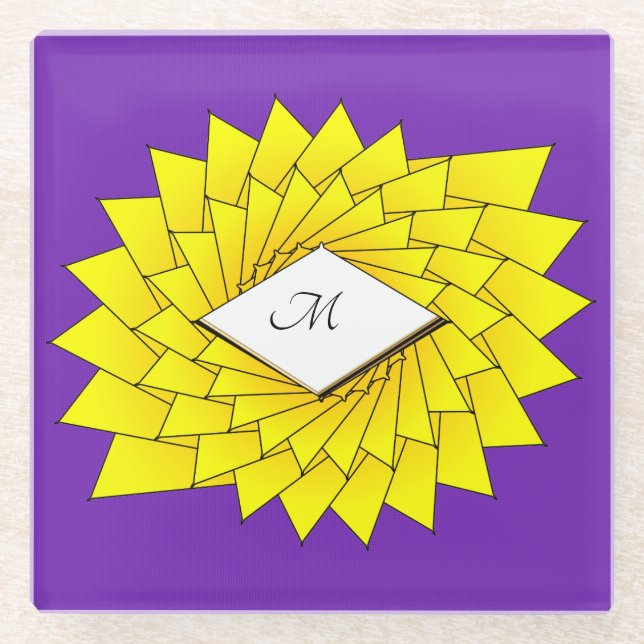 Geometrische Lila-Star-Blume für Gold Monogram Glasuntersetzer (Vorderseite)