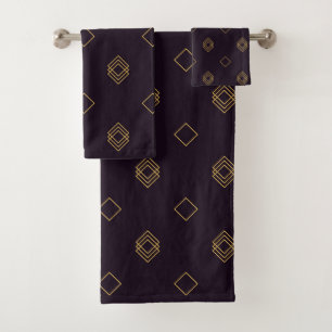 Geometrische lineare Goldquadrate Muster dunkles H Badhandtuch Set