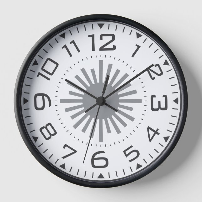 Geometrische moderne schwarz-weiße Sunburst Zahlen Uhr (Vorderseite)