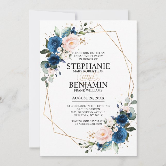 Geometrische Navy Blue Blush Pink Engagement Party Einladung (Vorderseite)