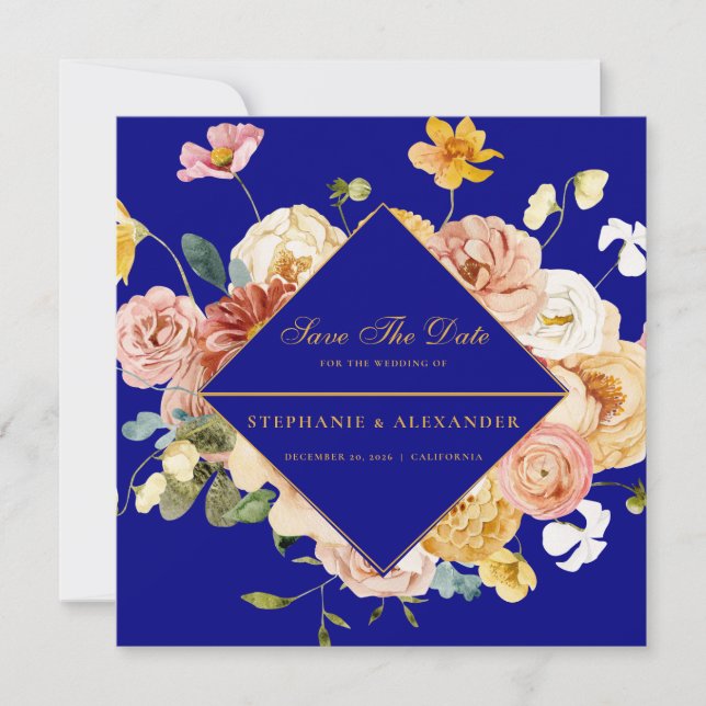 Geometrische Navy Blue Floral Save the Date (Vorderseite)