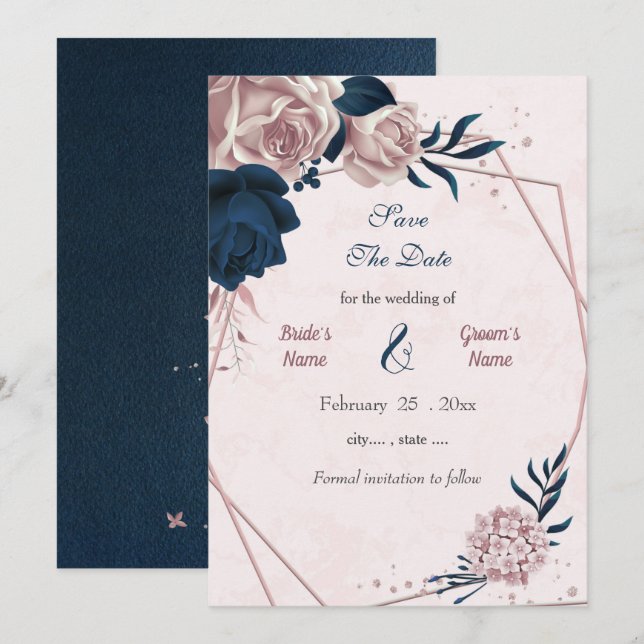 geometrische Navy- und Rosa-Blume Save The Date (Vorne/Hinten)