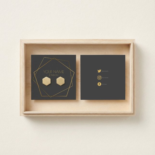 Geometrische Ohrringhalter und soziale Symbole (Geometric gold earring holder and social icons.)