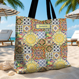 Geometrische orangefarbene mediterrane Fliesen Mon Tasche