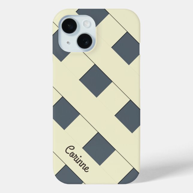 Geometrische, pastellgelbe Linien mit Namen iPhone 15 Hülle (Rückseite)