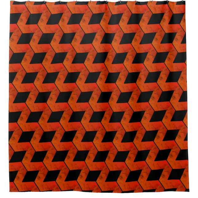 Geometrische Quadrate/Reds Orange und Schwarz Duschvorhang (Vorderseite)