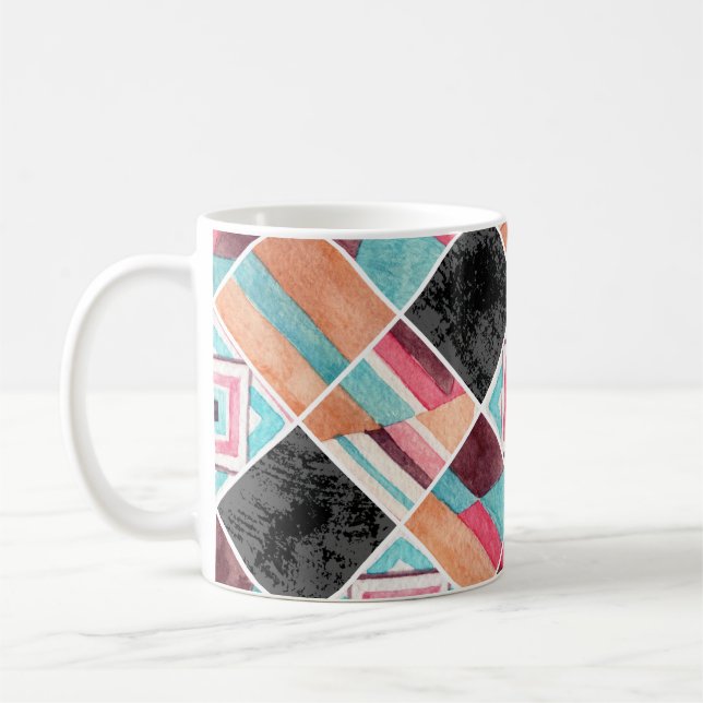 Geometrische Quadrate, Wasserfarben-Patchwork Kaffeetasse (Links)
