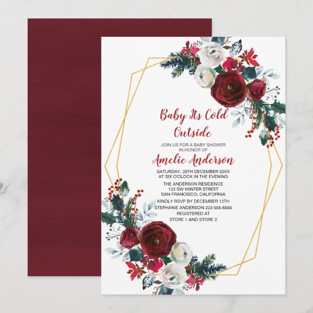 Geometrische Rahmen Burgundy Blume Kinderdusche Einladung (Vorne/Hinten)