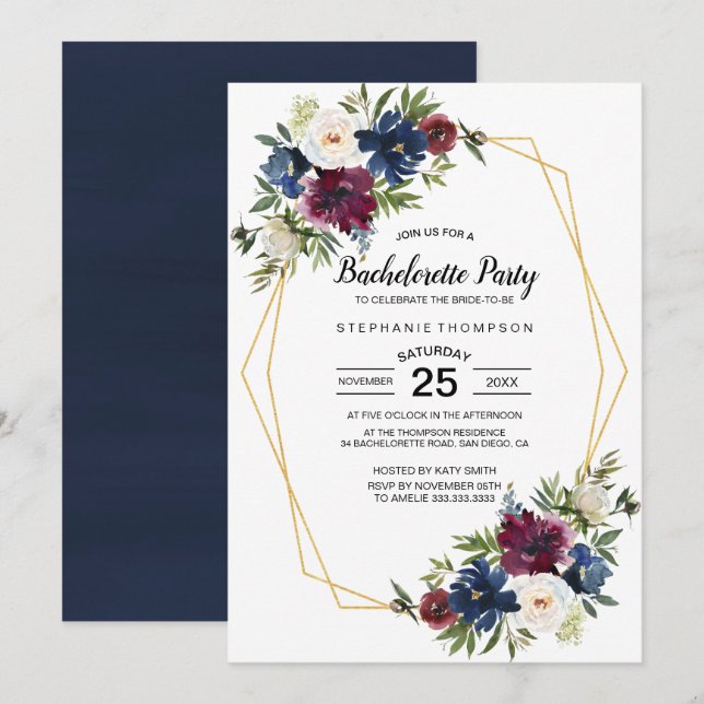 Geometrische Rahmen Burgundy Navy Blume Bacheloret Einladung (Vorne/Hinten)