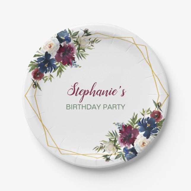 Geometrische Rahmen Burgundy Navy Blume Geburtstag Pappteller (Vorderseite)