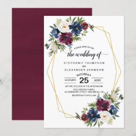 Geometrische Rahmen Burgundy Navy-Blume Hochzeit Einladung