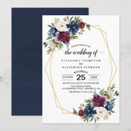 Geometrische Rahmen Burgundy Navy-Blume Hochzeit Einladung