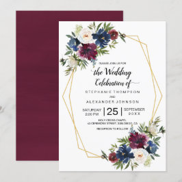 Geometrische Rahmen Burgundy Navy-Blume Hochzeit Einladung