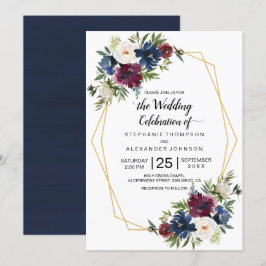 Geometrische Rahmen Burgundy Navy-Blume Hochzeit Einladung